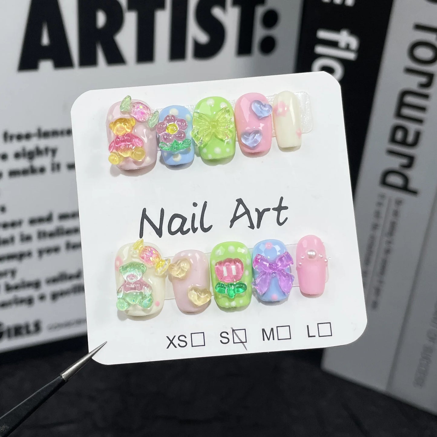 Kawaii 10pcs Candy-Colored Press-On Nails 🌈✨ Cute Bear & Star Crystal Designs 💖 Perfect Korean Fake Nail Tips!