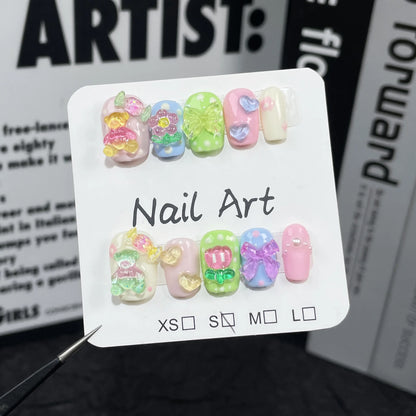 Kawaii 10pcs Candy-Colored Press-On Nails 🌈✨ Cute Bear & Star Crystal Designs 💖 Perfect Korean Fake Nail Tips!