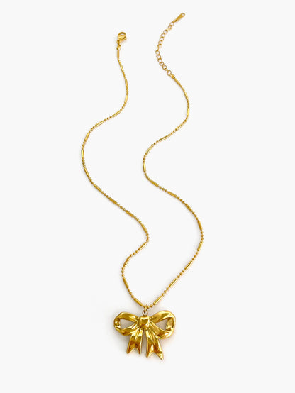 Charming Kawaii Gold Bow Knot Pendant Necklace 🌟✨ | Waterproof Stainless Steel Summer Jewelry for Women 💖