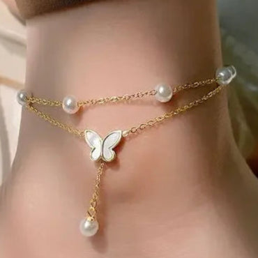 Kawaii Charm Anklet 🌸✨ - 2-Layer Pearl & Butterfly Shells, Trendy Beach Jewelry for Stylish Ladies 🦋💖
