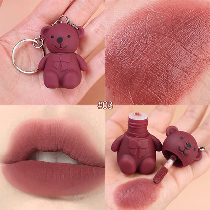 Water Light Mirror Lip Glaze Waterproof Long Lasting Cute Bear Keychain Lip Gloss Silky Smooth Liquid Lipstick Women Lip Makeup