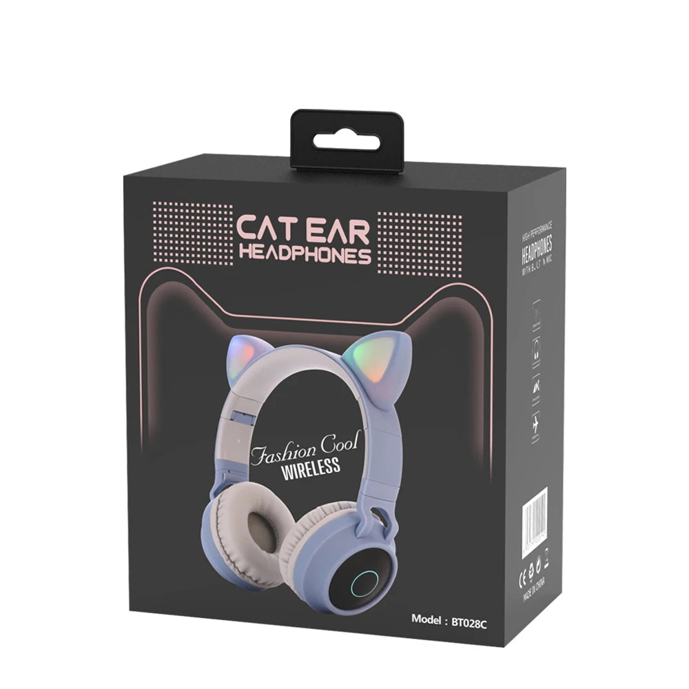 ✨ Kawaii Cat Ear Bluetooth Headphones 🎶 - Adorable LED Music Headset for Girls 💖 - Supports TF Card & FM Radio! 🌈