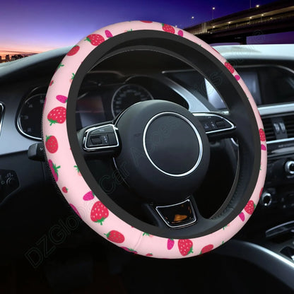 Kawaii Strawberry Flowers Steering Wheel Cover 🌸🍓 | Anti-Slip Elastic Car Accessory 🌈 | Universal Fit 15" Protector 🛡️