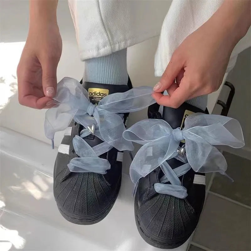 Wide 4cm Transparent Chiffon Silk Flat Shoelaces With Big Bow 👟🎀