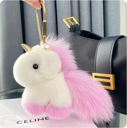 Kawaii Fluffy Unicorn Keychain Charm 🦄✨ Real Rabbit Fur Backpack Clip & Handbag Accessory for Girls & Women