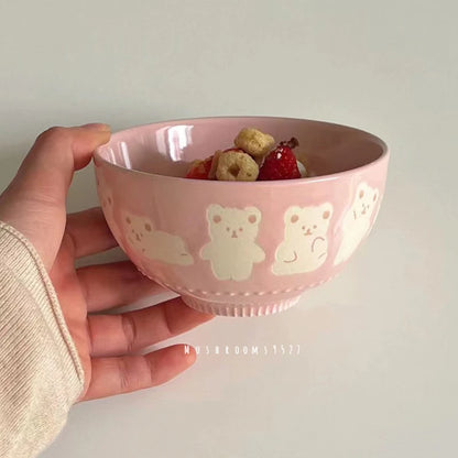 Adorable Pink Bear Embossed Ceramic Snack Bowl 🐻🍚✨