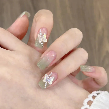 Kawaii 24pcs Pink Butterfly Press-On Nails 🦋💖 | Jelly Gel False Nail Tips for Lovely Girls 🌸✨ with Easy Application Tools