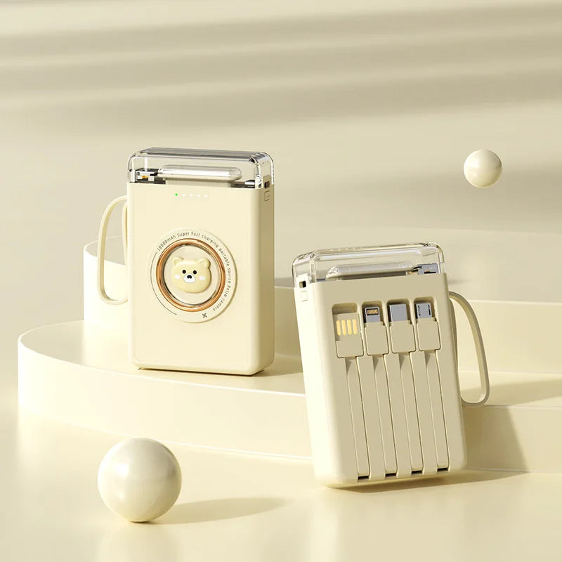 Kawaii 20000mAh Mini Power Bank 🐾✨ Cute Pet Cartoon Design with 4 Built-in Cables & LED Light!