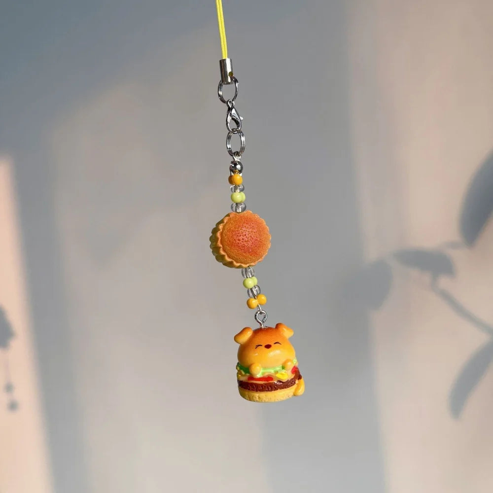 Retro Japanese Trinkets Keychain Lanyard Charm Set Dog Cat Resin 🍔🍰 🐶🐱