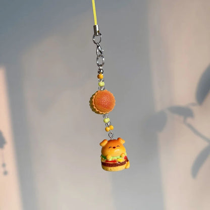 Retro Japanese Trinkets Keychain Lanyard Charm Set Dog Cat Resin 🍔🍰 🐶🐱