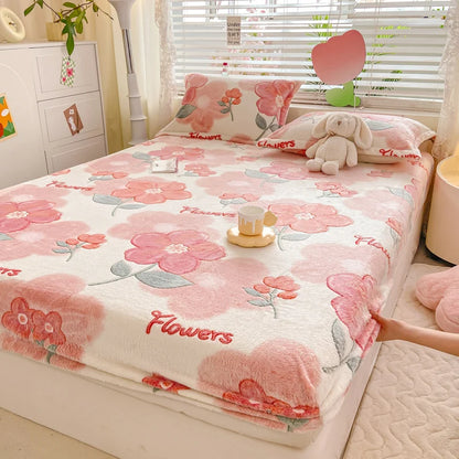 Cozy Kawaii Snowflake Velvet Fitted Sheet 🌨️✨ Fluffy Coral Fleece for Winter Dreams! 💖 Custom Sizes Available! 🛏️