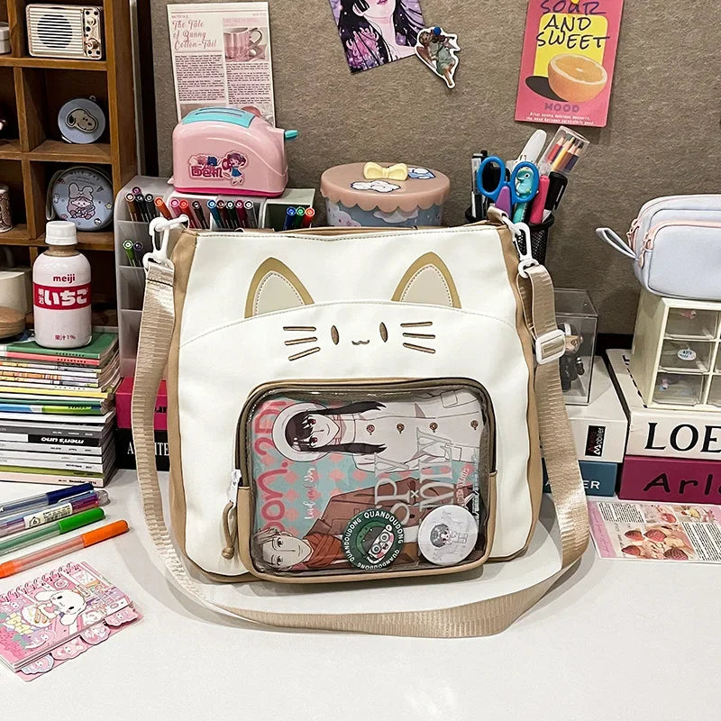 Kawaii Cat Love 💖✨ Large Nylon Ita Shoulder Bag - Versatile Crossbody Handbag with Transparent DIY Pocket 🐾🌈