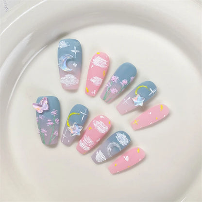 Kawaii Butterfly & Flower Press-On Nails 🌸🐝 | Handmade Reusable Adhesive Fake Nail Art for Women 💅✨