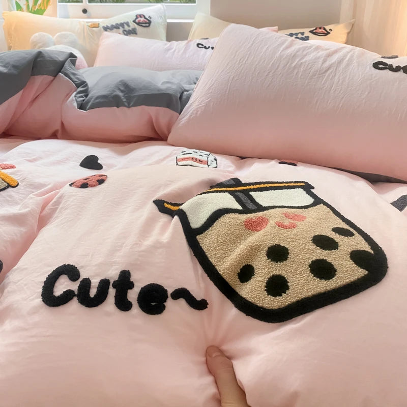 Kawaii Milk Tea Cartoon Duvet Set ☕✨ Plush Bedding for Girls 🛏️💕
