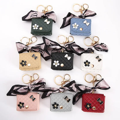 Korean Floral Bow Earphone Storage Keychain Bag Charm Leather Coin Purse 💖👜
