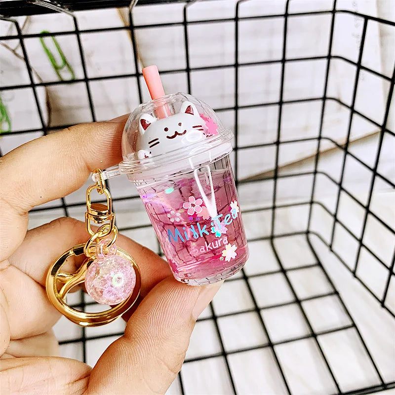 🌸 Cute Cat Milk Tea Keychain 🐱✨ Adorable Sakura Car Pendant Gift! - Pixie Quill
