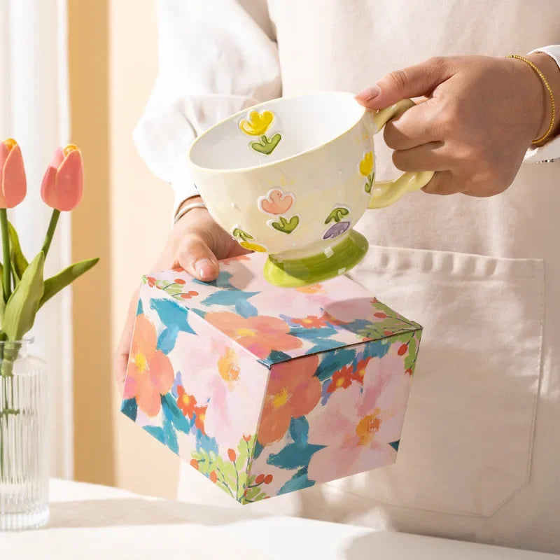 Charming Kawaii 450ml Hand-Painted Ceramic Mug ☕️✨ Cute Breakfast Oatmeal Cup for Joyful Mornings! 🎉