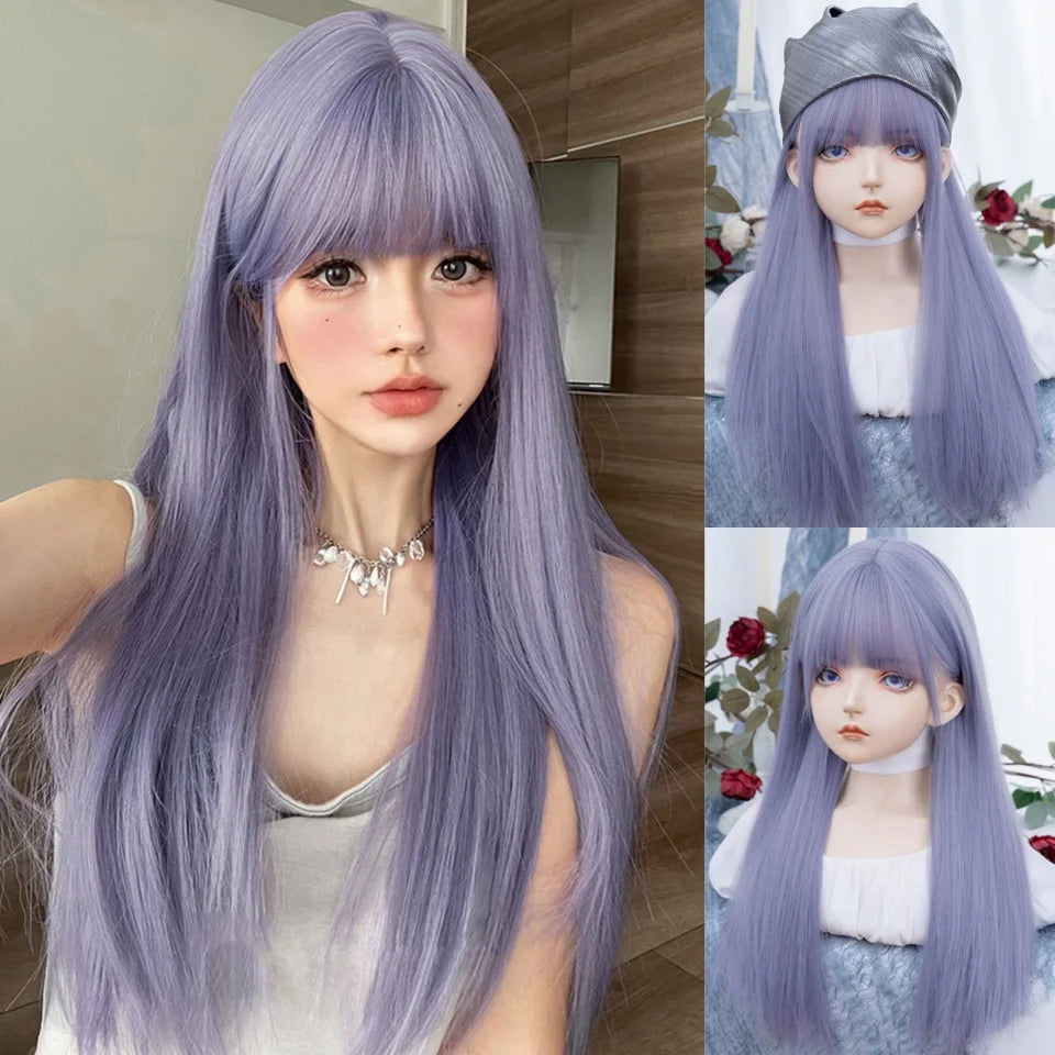 Enchanting Ombre Kawaii Wig 🌈✨ - Long Straight Lolita Style with Bangs in Glacier Blue & Blonde!