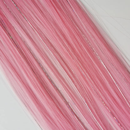Clip In Pink Hair Extensions With Silver Tinsel Rainbow Highlights For Women ✨💖