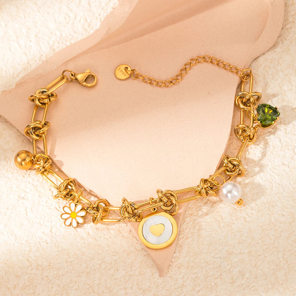 Dreamy Pearl Flower Pendant Bracelet With Zircon And Mother Of Pearl In 18K Gold Stainless Steel For Women Gift 💖🌸✨
