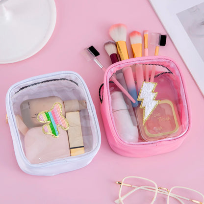 Kawaii Mini Clear PVC Makeup Pouch 🎀✨ - Adorable Waterproof Chenille Heart & Rainbow Travel Bag! 🌈✈️