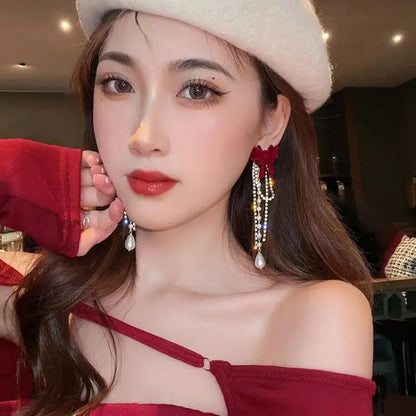 Charming Wine Red Bow Pearl Tassel Earrings 🎀🌟 | Kawaii 2024 Bridal Jewelry ✨