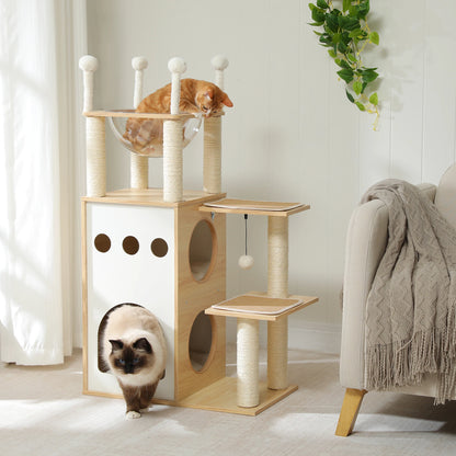 Four Level Wooden Cat Tree With Nest Condo And Dangling Toys 🐾🐱