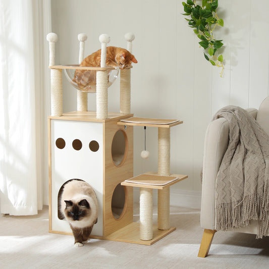 Four Level Wooden Cat Tree With Nest Condo And Dangling Toys 🐾🐱