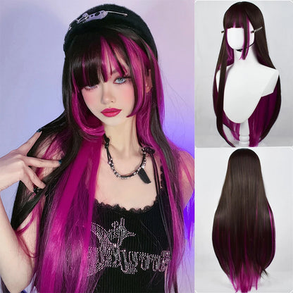Kawaii Long Black & Red Wavy Wig 💖✨ - Cosplay & Daily Use with Bangs 🎀 | Harajuku Style!