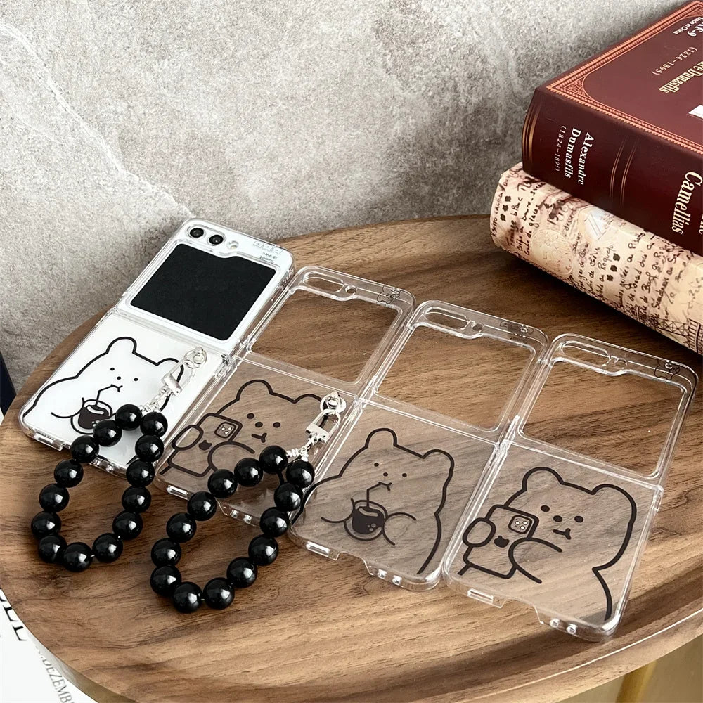 ✨ Adorable Bear Pearl Bracelet Case for Samsung Galaxy Z Flip 5, 4, 3 - Cute Cartoon Clear Cover! 🐻💖