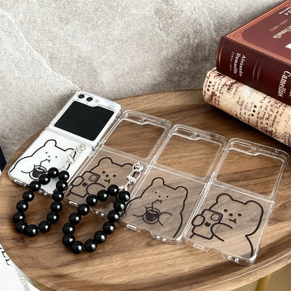 ✨ Adorable Bear Pearl Bracelet Case for Samsung Galaxy Z Flip 5, 4, 3 - Cute Cartoon Clear Cover! 🐻💖