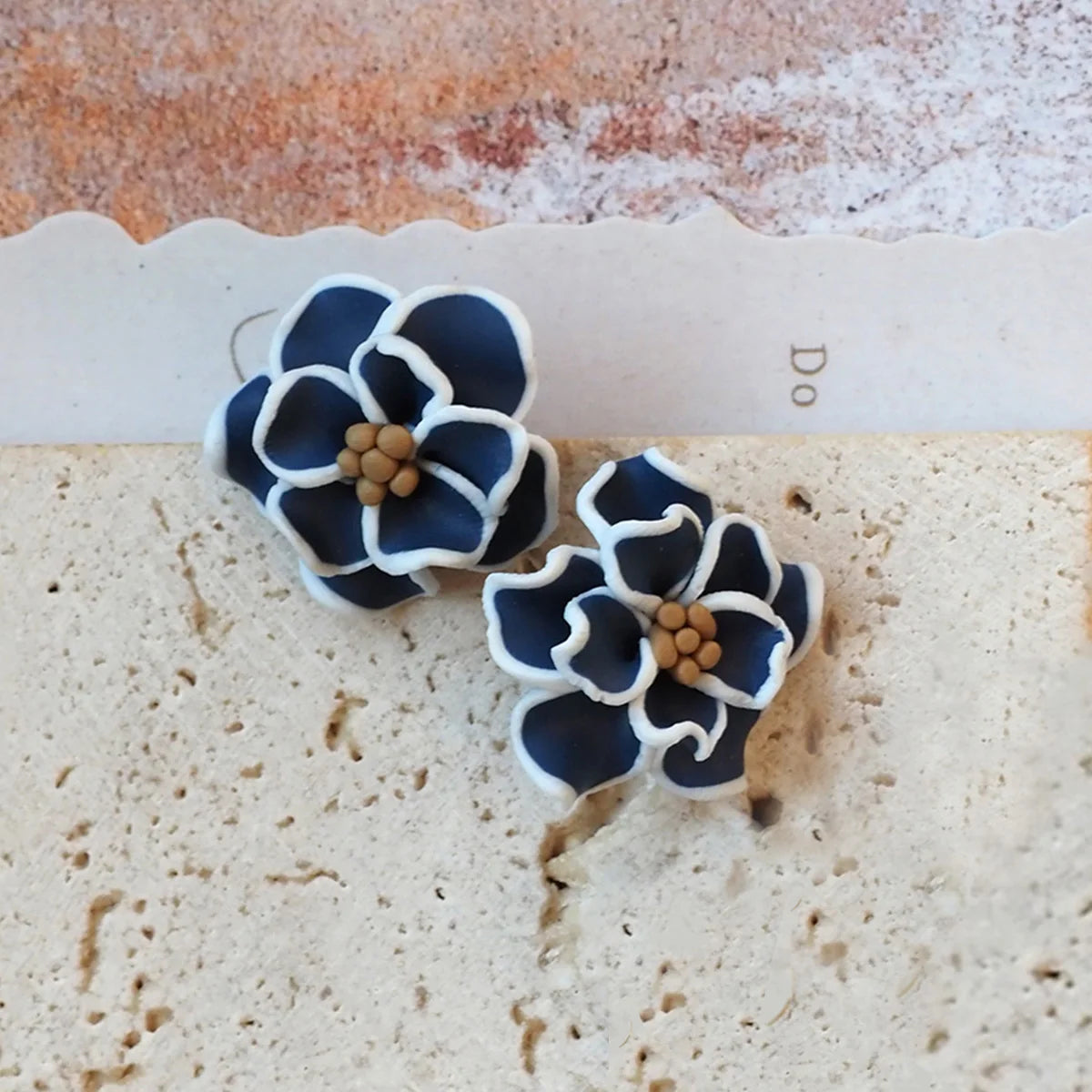 Navy Blue Flower Polymer Clay Dangle Earrings Cute For Women 💙✨