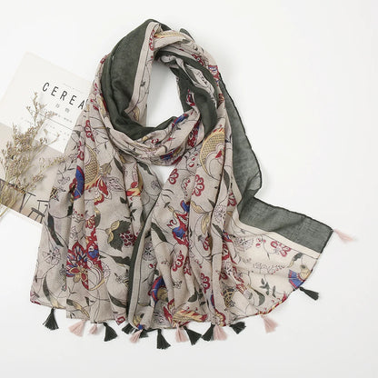 Floral Tassel Shawl For Women Sun Shield Wrap 180x90cm Cotton Viscose Hijab 🌸🧣