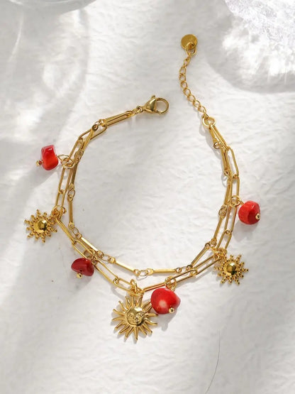 Cute Red Natural Stone Sun Pendant Double Bracelet In Stainless Steel Gold Tone For Women Birthday Gift 💖🌞