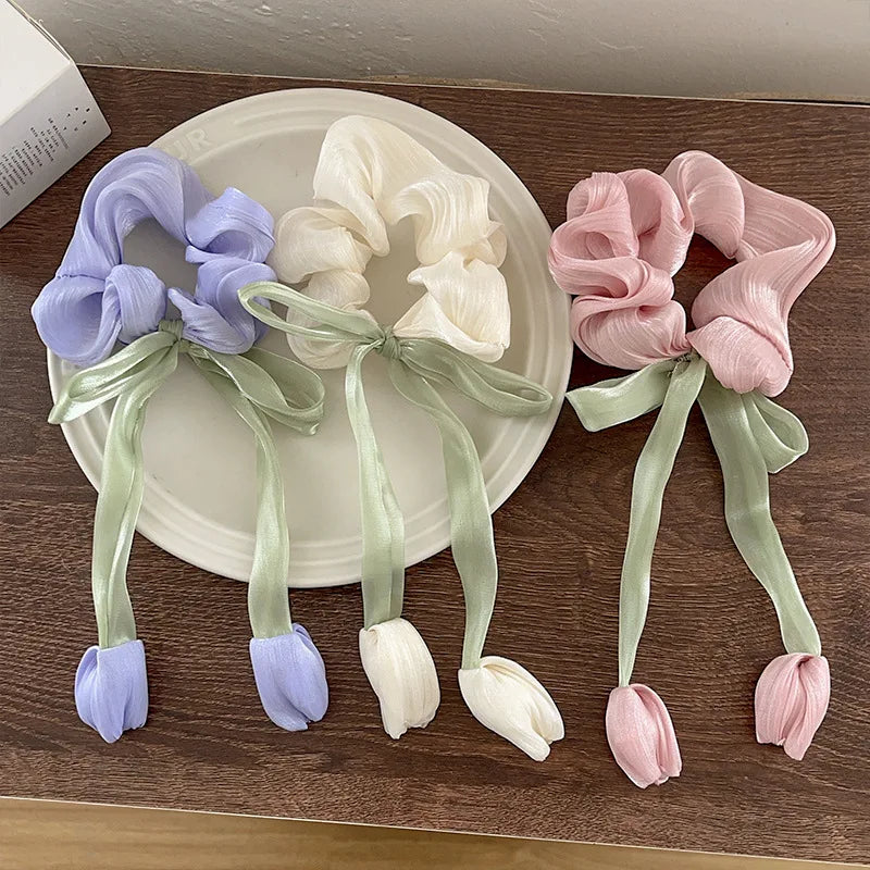 Charming Tulip Bow Scrunchies 🌸✨ Cute Hair Ties for Stylish Girls! 🎀💖 - Pixie Quill