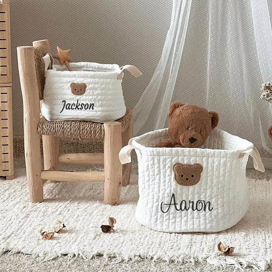 Personalized Kawaii Bear Storage Basket 🐻✨ | Cute Canvas Toy Organizer 🎀 | Perfect Baby Shower Gift 🎉💖