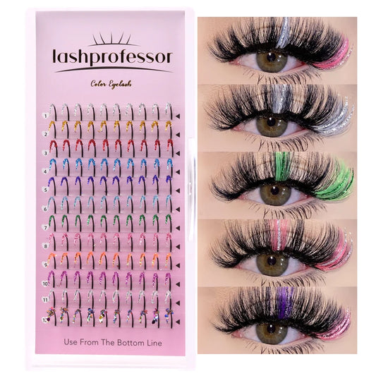 ✨ Kawaii Glittery Colorful Lash Extensions 🎉 - Shiny Volume for Party Glam! 💖