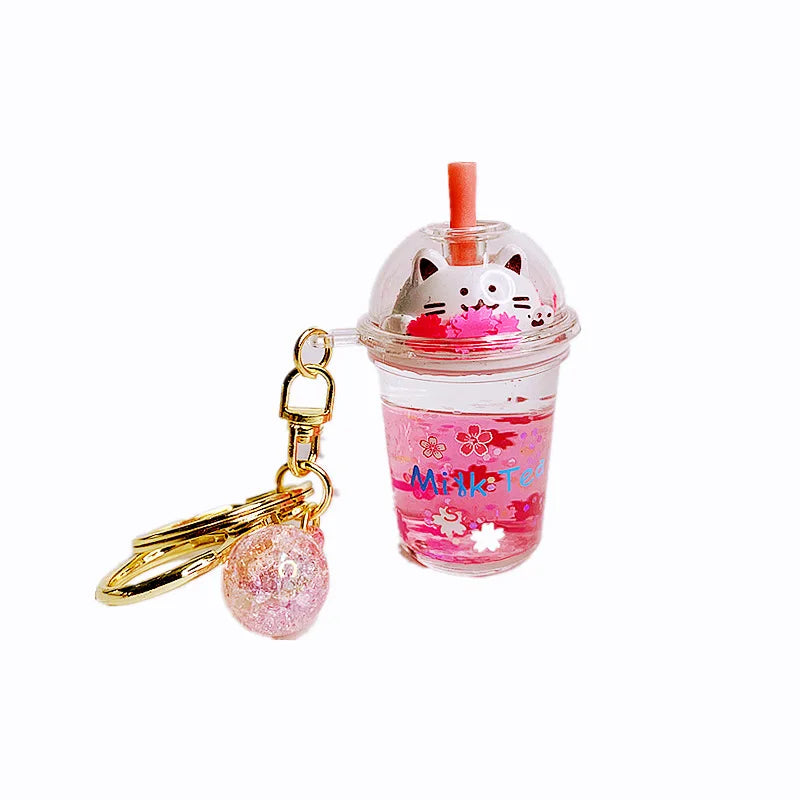 🌸 Cute Cat Milk Tea Keychain 🐱✨ Adorable Sakura Car Pendant Gift! - Pixie Quill