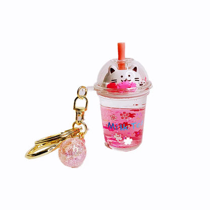 🌸 Cute Cat Milk Tea Keychain 🐱✨ Adorable Sakura Car Pendant Gift! - Pixie Quill