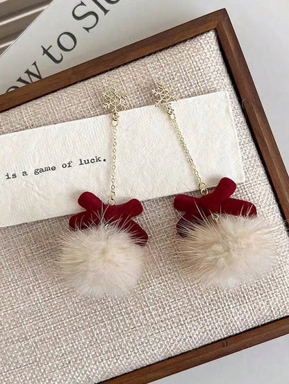 Cute Pom Pom Ball Bow Snowflake Elk Earrings For Women And Girls 🎀✨