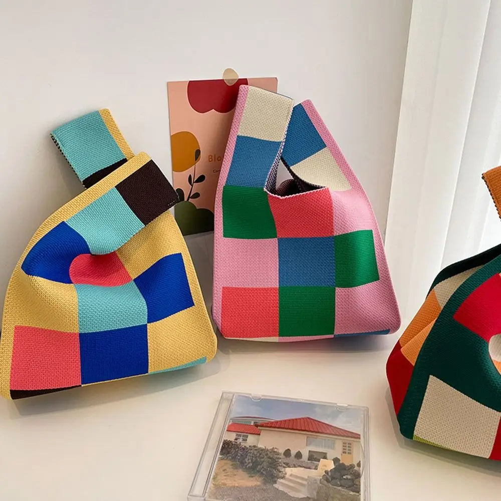 Kawaii Knitted Mini Tote Bag 👜✨ | Cute Plaid Handbag for Women | Stylish & Versatile Reusable Shopping Bag 🌈💖