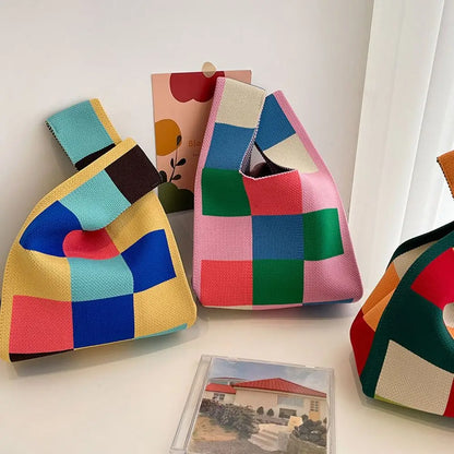 Kawaii Knitted Mini Tote Bag 👜✨ | Cute Plaid Handbag for Women | Stylish & Versatile Reusable Shopping Bag 🌈💖