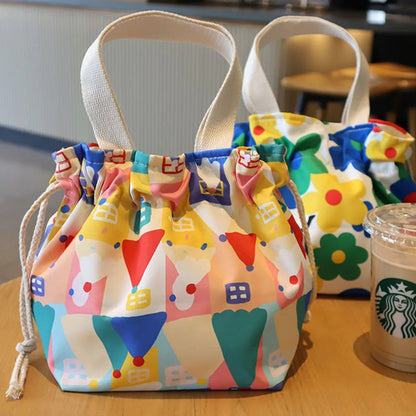 Kawaii Canvas Lunch Bag 🌸🌼 Cute Cartoon Flowers & Animals 🌈 Perfect for School & Picnics 🎒✨