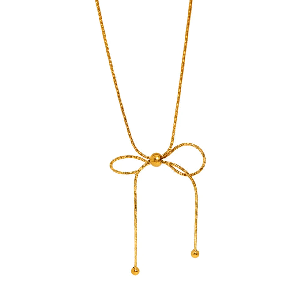 Kawaii Charm ✨ 18K Gold Plated Snake Chain Bow Pendant Necklace for Trendy Ladies 💖🥳