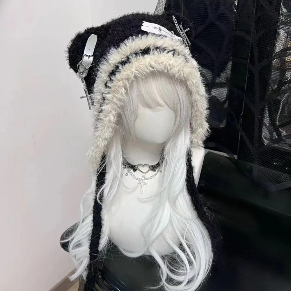 Gothic Harajuku Bear Hat For Women Wool Knit Beanie 🐻 Cross Star Wings Cute
