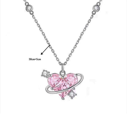 Kawaii Pink Planet Heart Zircon Pendant Necklace 🌟💖 | Trendy Clavicle Chain for Fashionable Women | Perfect Valentine's Day Gift 🎁✨