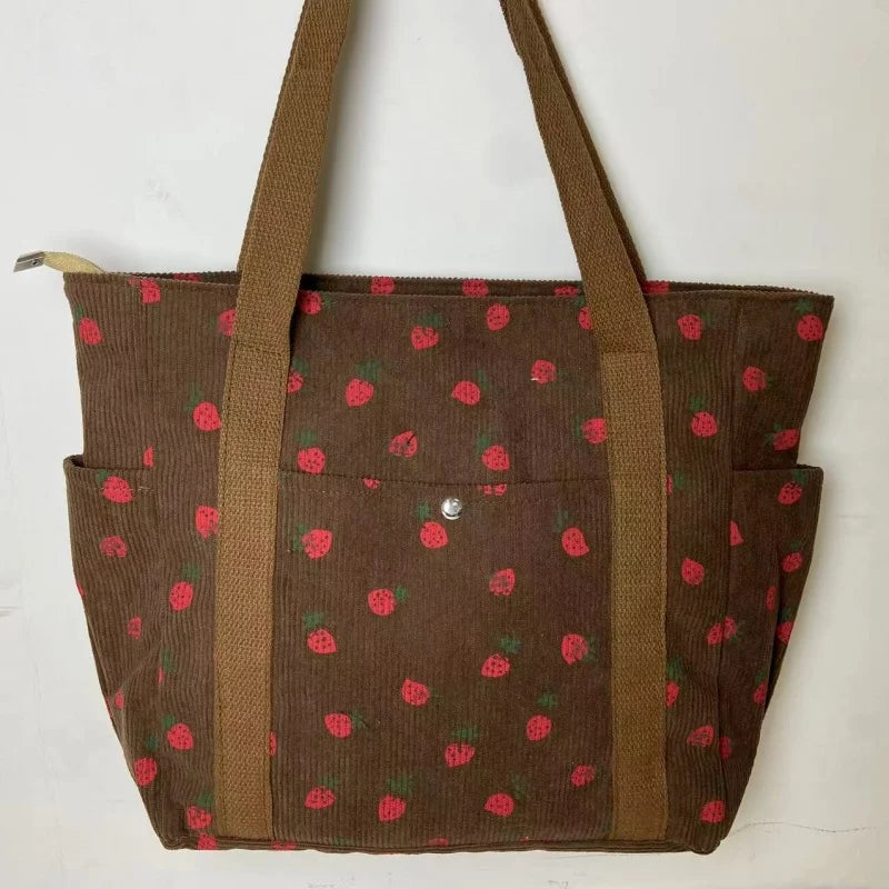 🍓 Adorable Strawberry Corduroy Shoulder Bag 🎒 Stylish & Spacious Classroom Tote! 🌸 - Pixie Quill