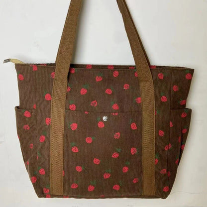🍓 Adorable Strawberry Corduroy Shoulder Bag 🎒 Stylish & Spacious Classroom Tote! 🌸 - Pixie Quill
