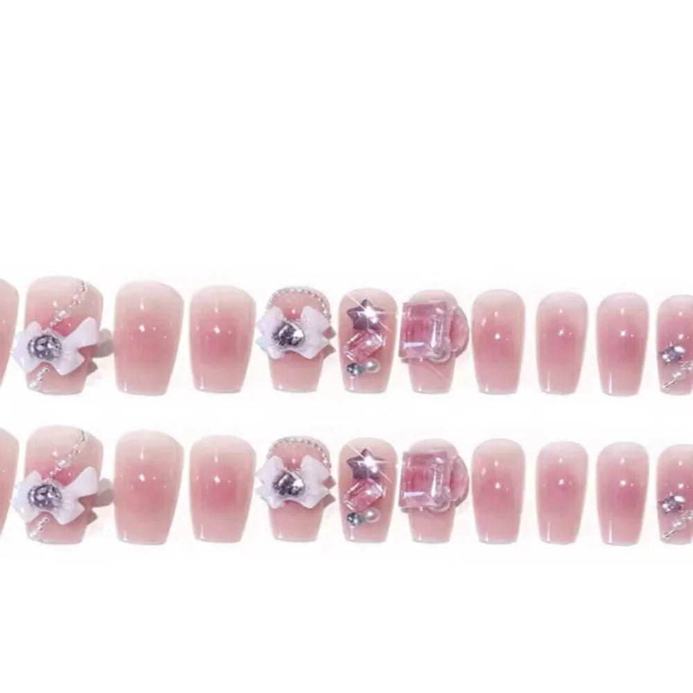 Kawaii Blush Pink 3D Bowknot & Pearl Press-On Nails 💖✨ | 24pcs Adorable Fake Nail Tips for Cute DIY Manicures!