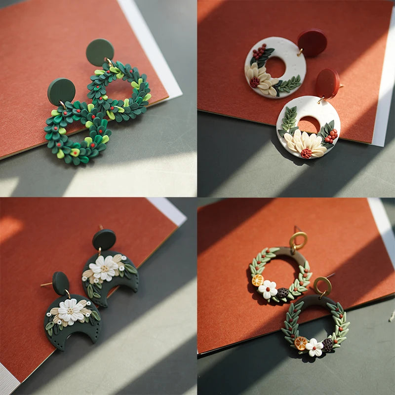 Handmade Floral Wreath Polymer Clay Pattern Earrings Set Multi Color Christmas Dangle Jewelry 🎄🌸✨
